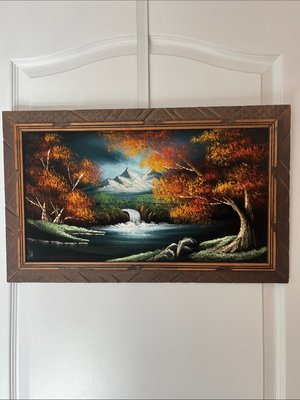 Vintage 1970s Black Velvet Landscape Painting Waterfall Hand Carved Wood Frame
